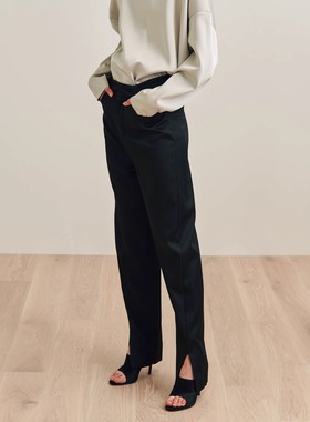 孤品断码清仓瑞典T@Teme黑色双面缎面高级面料小脚裤裤脚开衩显瘦