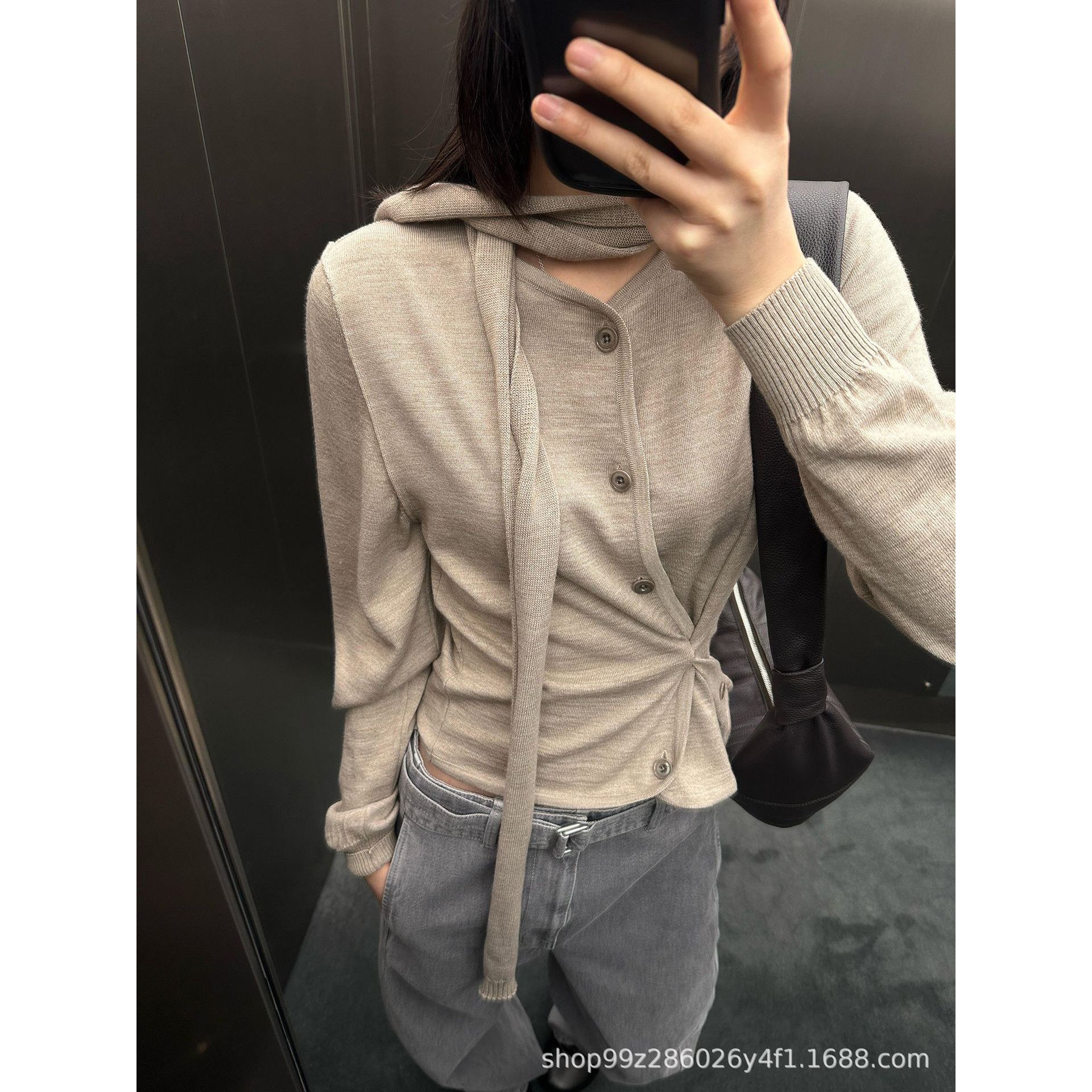 飘带围脖一体领毛衣针织开衫女