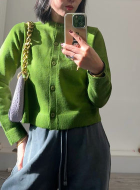 早春新款MD2025羊毛混纺绿色长袖圆领开衫针织多巴胺色