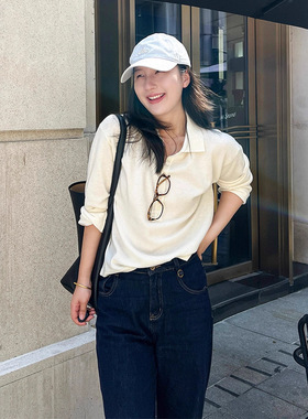 2025秋冬季新款羊毛复古polo领长袖针织衫女休闲宽松套头毛衣