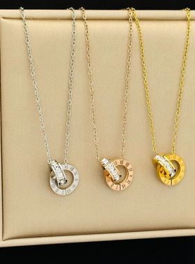 环环相扣罗马镶钻钛钢项链女不掉色几何个性欧美百搭锁骨链新饰品