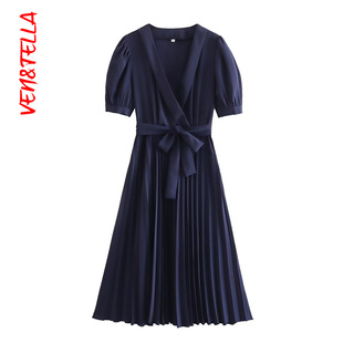 连衣裙休闲百搭 百褶短袖 VEN&TELLA秋冬欧美风 复古V领泡泡袖 法式
