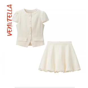 VEN&TELLA秋冬欧美风 显瘦套装 短袖 花苞裙两件套修身