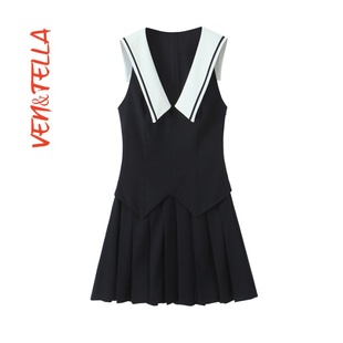 VEN&TELLA秋冬欧美风 V领宽褶短连衣裙4661393 气质简约无袖 修身