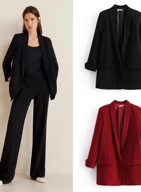 黑红色一粒扣长袖西装 卷边袖中长款小西服外套女~VEN&TELLA秋冬