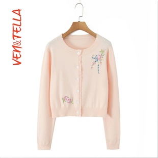 花朵刺绣针织开衫 圆领长袖 VEN&TELLA秋冬 复古气质优雅修身 法式