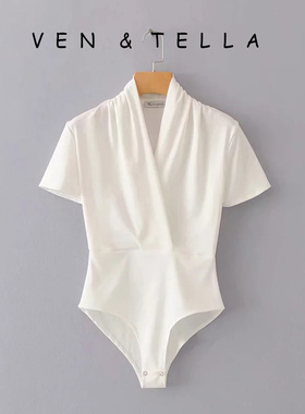 VEN&TELLA春夏欧美风~新款百搭显瘦V领短袖连体衣连身衣