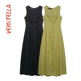VEN&TELLA秋冬欧美风 6962029 时尚 简约亚麻迷笛连衣裙