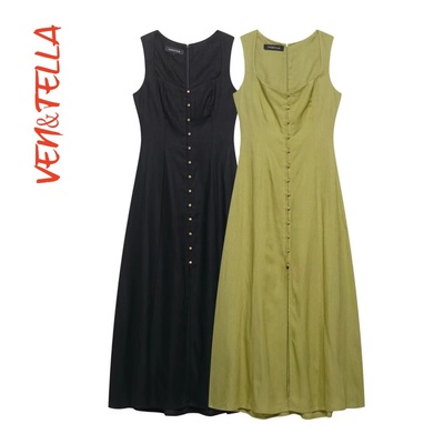 时尚简约亚麻迷笛连衣裙