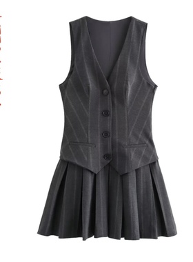 欧美风时尚简约宽褶条纹背心式连衣裙 9368558~VEN&TELLA秋冬欧美