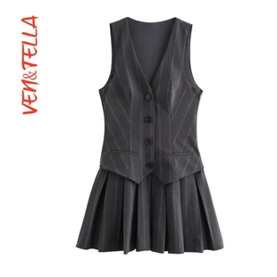 9368558 连衣裙 VEN&TELLA秋冬欧美 简约宽褶条纹背心式 欧美风时尚