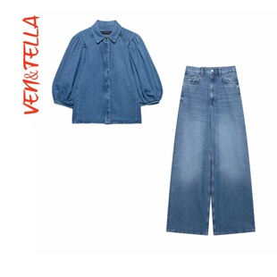 5216053400 牛仔衬衫 VEN&TELLA秋冬 短款 宽松单排扣休闲泡泡袖