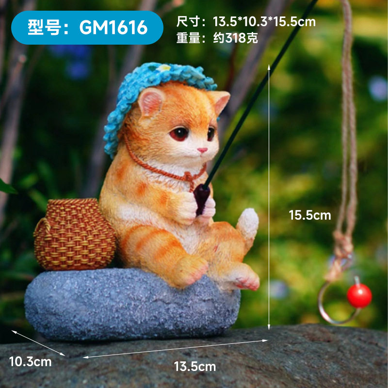 原创可爱小猫钓鱼花园流水装饰摆件庭院假山造景树脂工艺品摆设