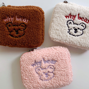 韩国Why Bear可爱毛绒疑惑熊熊移动硬盘收纳包泰迪卷毛加厚化妆包
