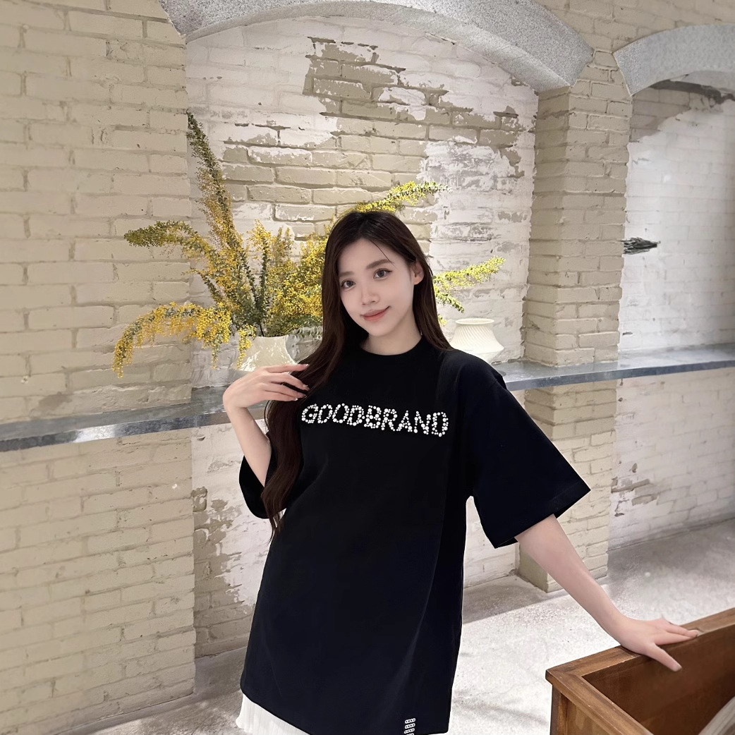 国潮GOODBRAND珠片标语时尚高级休闲百塔男女同款情侣T恤宽松街潮