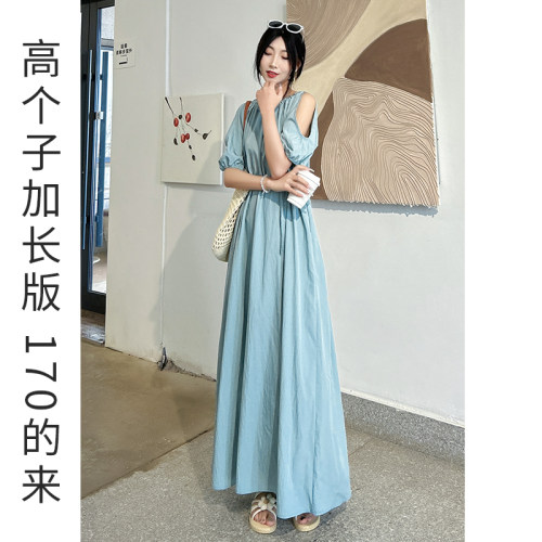 高个子加长版蓝色短袖连衣裙