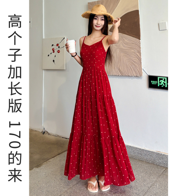 夏季法式红波点吊带长款连衣裙
