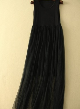 外贸单  连衣裙打底背心裙高腰百褶网纱莫代尔拼接韩版春夏秋