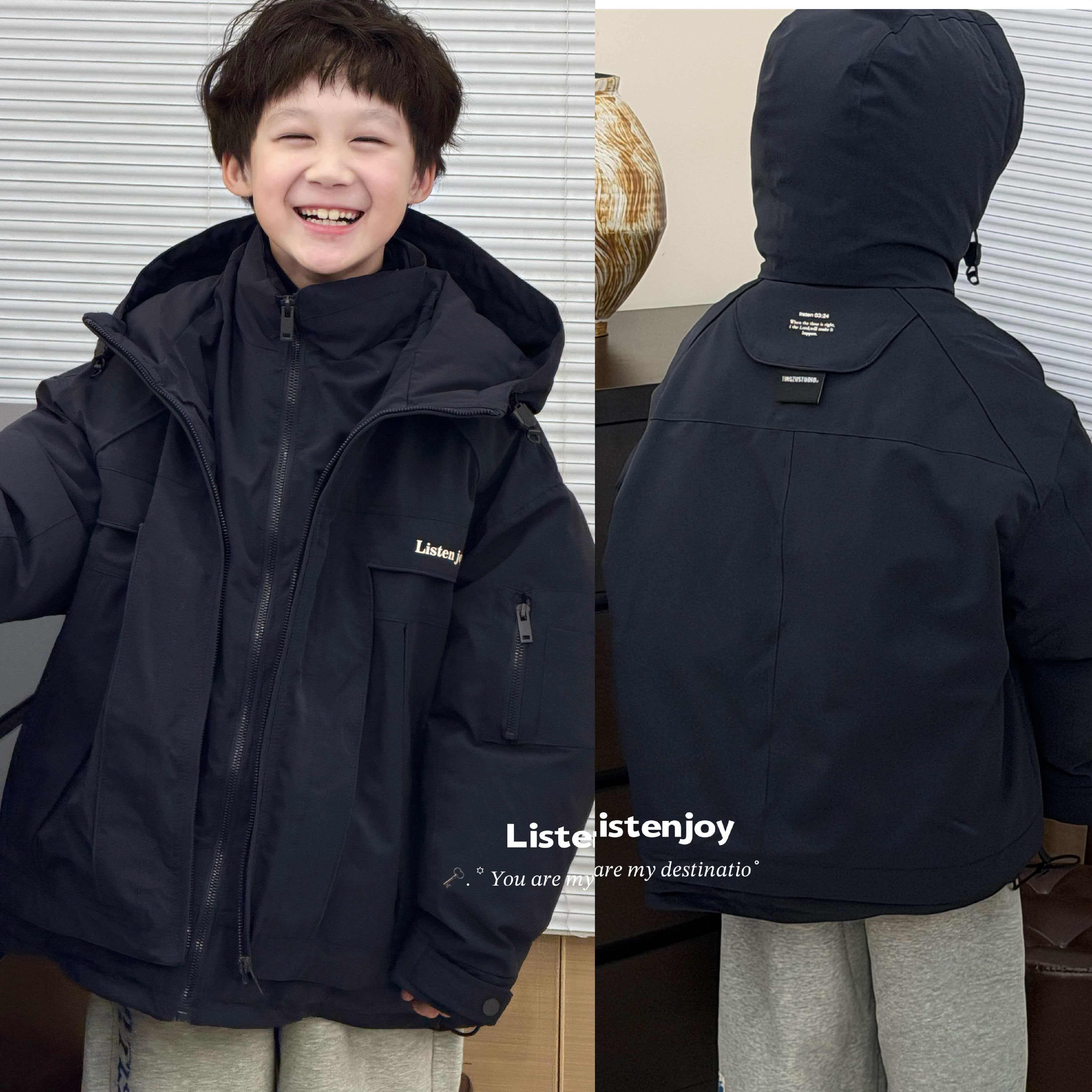 韩听集Listen品牌2025冬儿童假两件双拉链冲锋衣羽绒中大童羽绒服