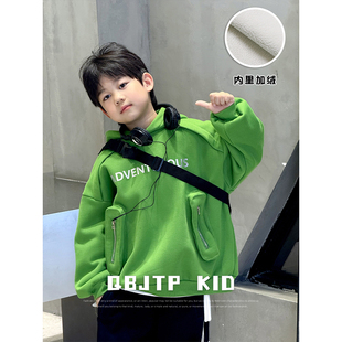 Q宝家童品秋冬新款 男童加绒卫衣儿童冬装连帽上衣中大童时尚外套