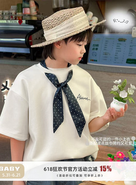 Q宝家童装6月新款 男童短袖t恤夏季薄款韩系儿童白色时尚上衣T恤