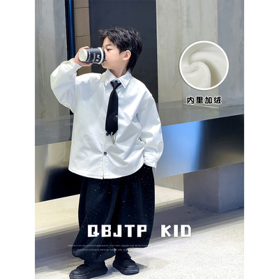 男童白色衬衫儿童冬款假两件衬衣