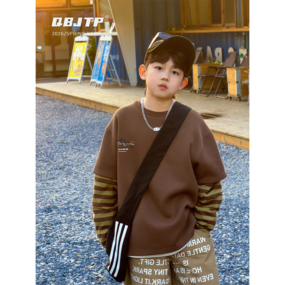 Q宝家童品1月新款 男童假两件卫衣春款儿童条纹圆领长袖T恤上衣潮,童装/婴儿装/亲子装,T恤,淘宝优惠券,粉丝福利购,淘宝优惠卷