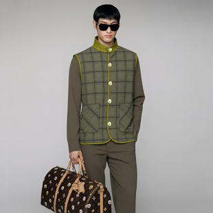 老钱提花马甲桑蚕丝拼皮无袖 新款 上衣外套 loro真丝羊毛男士 时着