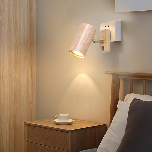 卧室床头原木北欧插电式壁灯