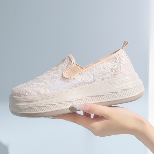 透气舒适厚底网面单鞋 Tt&Mm 2026夏季 蕾丝一脚蹬帆布鞋 汤姆斯女鞋