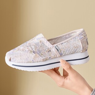 休闲鞋 Tt&Mm 透气懒人鞋 女夏季 汤姆斯甜美风蕾丝网面一脚蹬帆布鞋