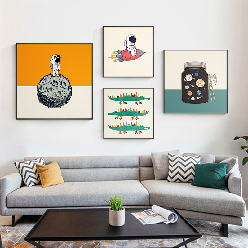 航空梦现代简约儿童房太空趣味艺术油画布三联宇航员装饰画画芯