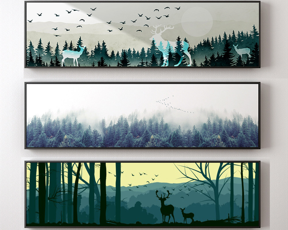 北欧画心床头画动物风景森林麋鹿一家小鹿高清微喷打印画芯画布