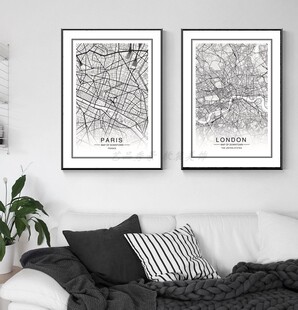 复古城市地图装饰画画心画布客厅卧室过道壁画画芯微喷画纸画布