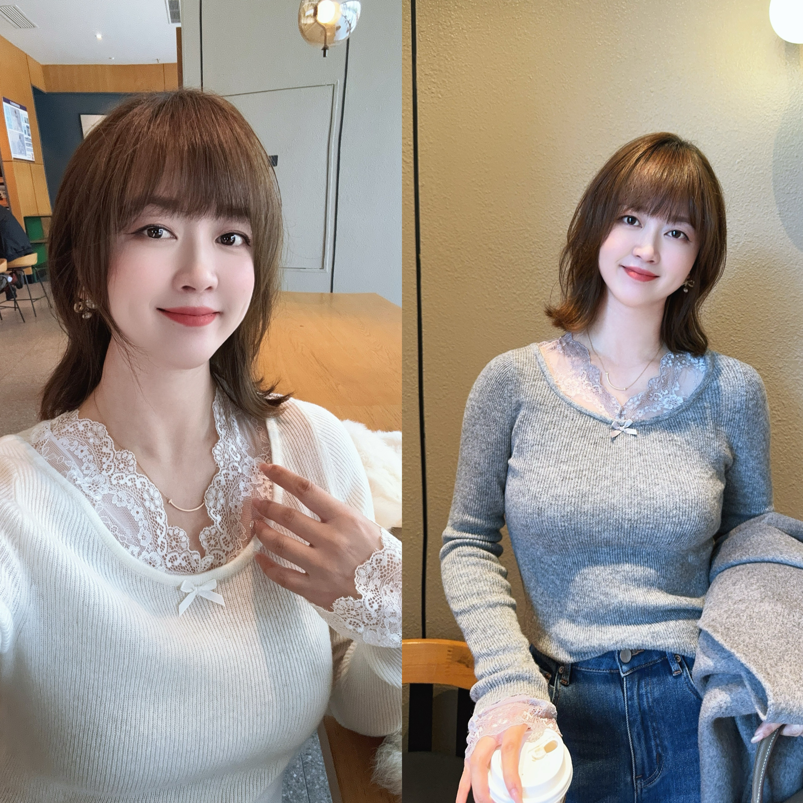2025秋冬新韩版宽松蕾丝V领羊毛小心机设计感针织上衣打底衫女呀