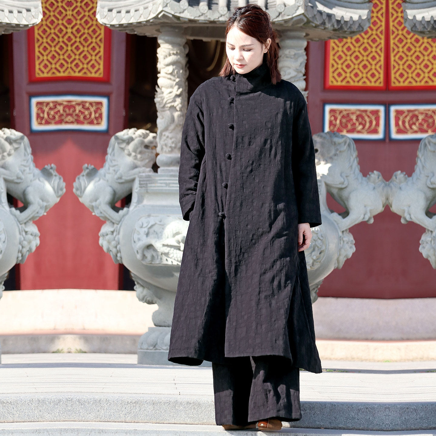 【苇素禅服】中国风立领盘扣长款风衣女秋冬加绒加厚棉麻大衣外套