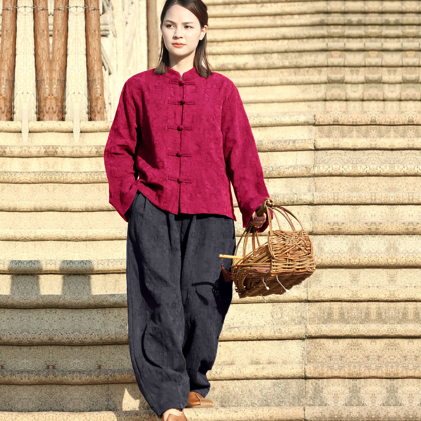 【苇素禅服】中式风红色盘扣上衣女立领棉麻中国风禅意太极服套装