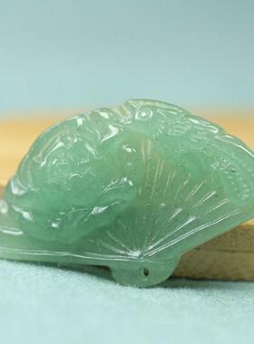 天然玉石东陵玉荷花玉扇子吊坠绿色原矿DIY配饰玉挂件项链发簪Y84