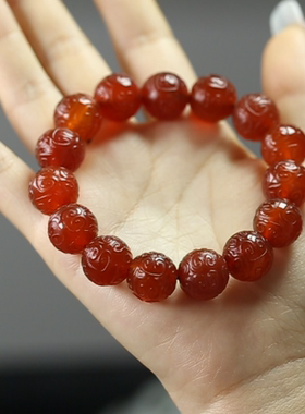 天然红玛瑙祥云圆珠手工雕刻手链