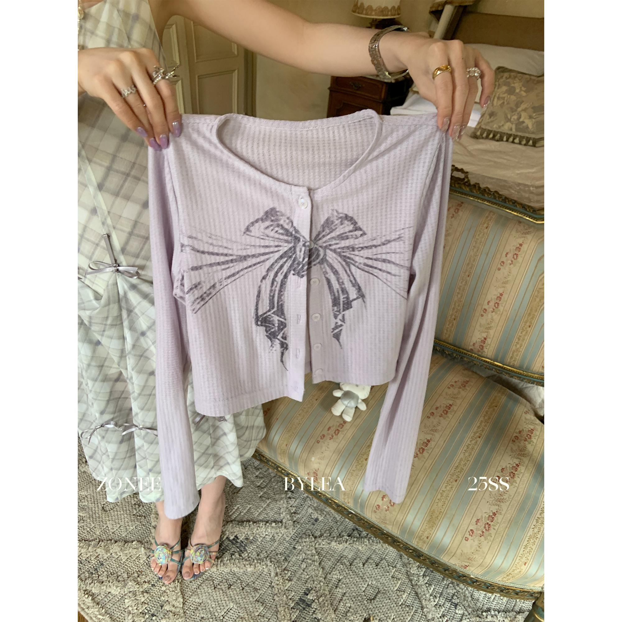 ZONEE/LEA宋亦雯 Pillowtallk枕边话短款蝴蝶结针织开衫小外套女