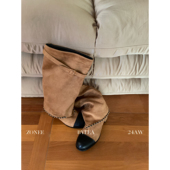 ZONEE 显瘦长靴 复古棕色绒面小香靴设计感粗跟时尚 LEA宋亦雯 法式