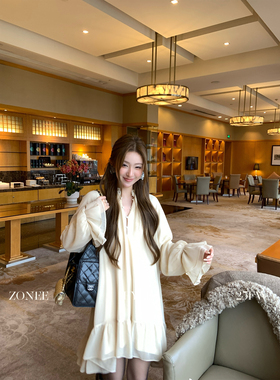 ZONEE/LEA宋亦雯 千金感法则 法式时髦设计感内里加绒雪纺连衣裙