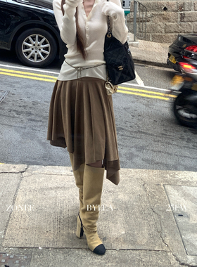 ZONEE/LEA宋亦雯 英式咖啡铺 麂皮哑光质感内里加绒不规则半身裙