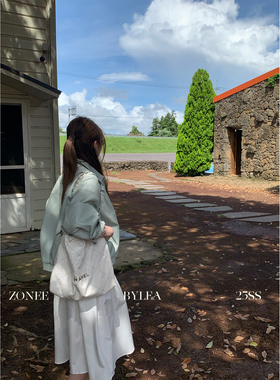 ZONEE/LEA宋亦雯济州岛的风 法式原创设计时髦宽松湖蓝色皮衣外套