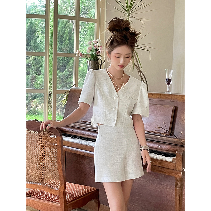 Lea宋亦雯 清冷法式 白蓝配色高腰感小香套装西装气质夏季连衣裙