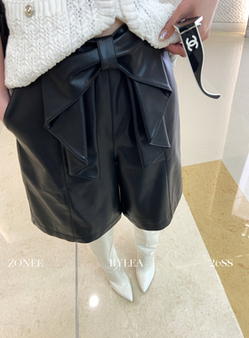 ZONEE/LEA宋亦雯 时髦藏在细节里法式黑色PU皮中裤宽松直筒休闲裤