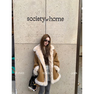 ZONEE/LEA宋亦雯 Mayfair街区 法式PU皮面内里毛绒环保皮草外套女
