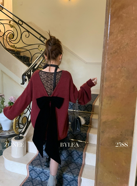 ZONEE/LEA宋亦雯 新年礼物 法式原创设计感后背蝴蝶结红色毛衣女