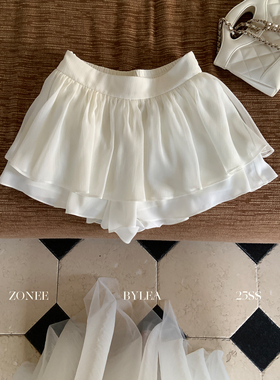 ZONEE/LEA宋亦雯 白色沙滩法式气质层次感短裙女时髦设计感半身裙