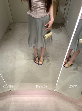 ZONEE/LEA宋亦雯 银色山泉 法式内里加绒银色仿醋酸缎面半身裙女